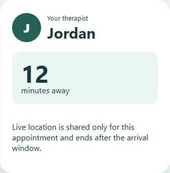 RavenCore customer arrival update showing the assigned therapist and arrival estimate
